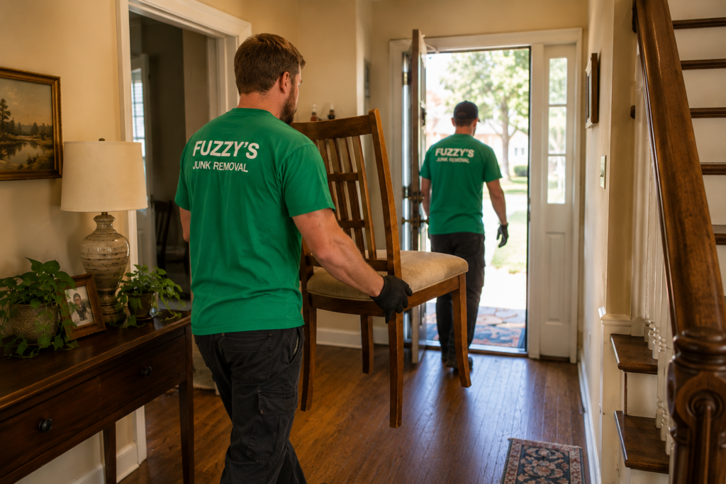 estate cleanout Memphis -- Fuzzy's crew carrying a wooden chair from a Memphis-area family home with care