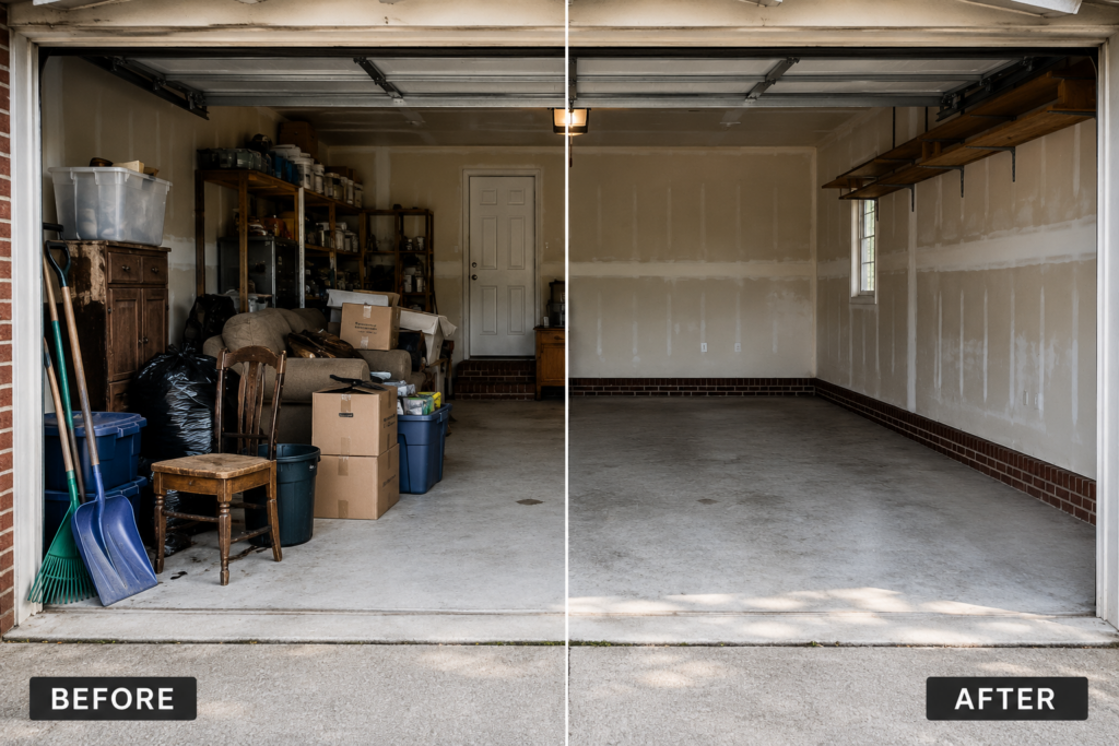 Before and after garage cleanout in Memphis, Tennessee showing a cluttered garage transformed into a clean, empty space by Fuzzy's Junk Removal.
