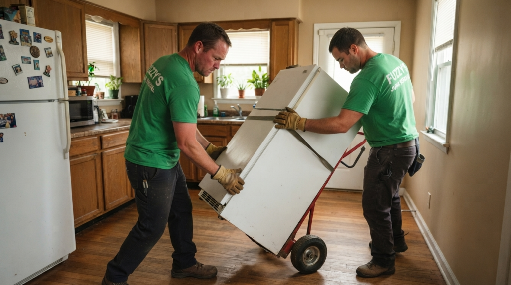 two workers carefully removing an old refrigerator from a Memphis home kitchen