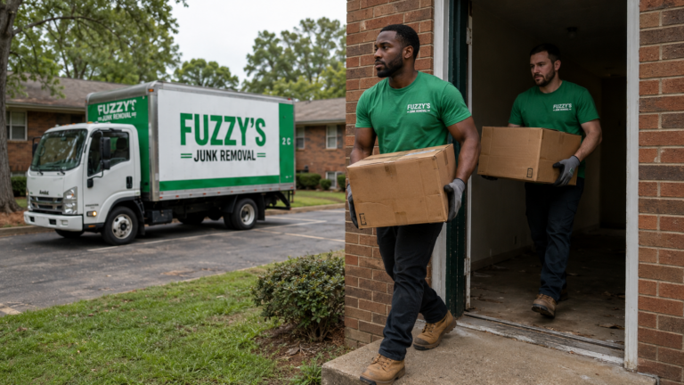 eviction cleanout Memphis crew loading furniture from a vacant apartment into a Fuzzy's Junk Removal truck