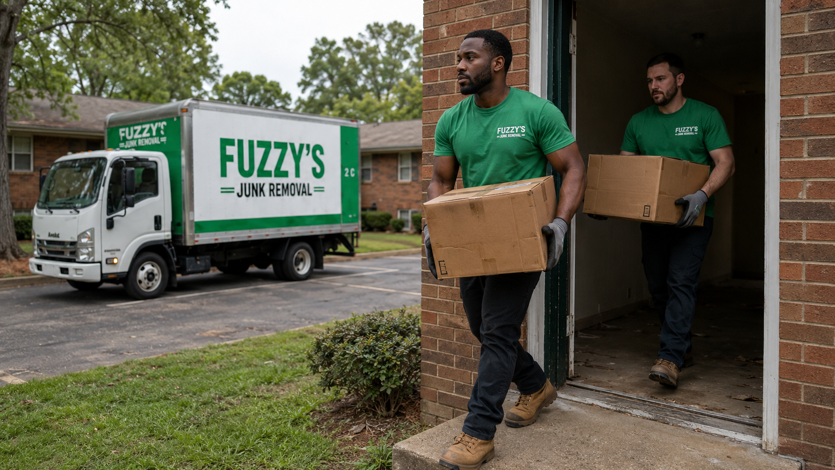 eviction cleanout Memphis crew loading furniture from a vacant apartment into a Fuzzy's Junk Removal truck