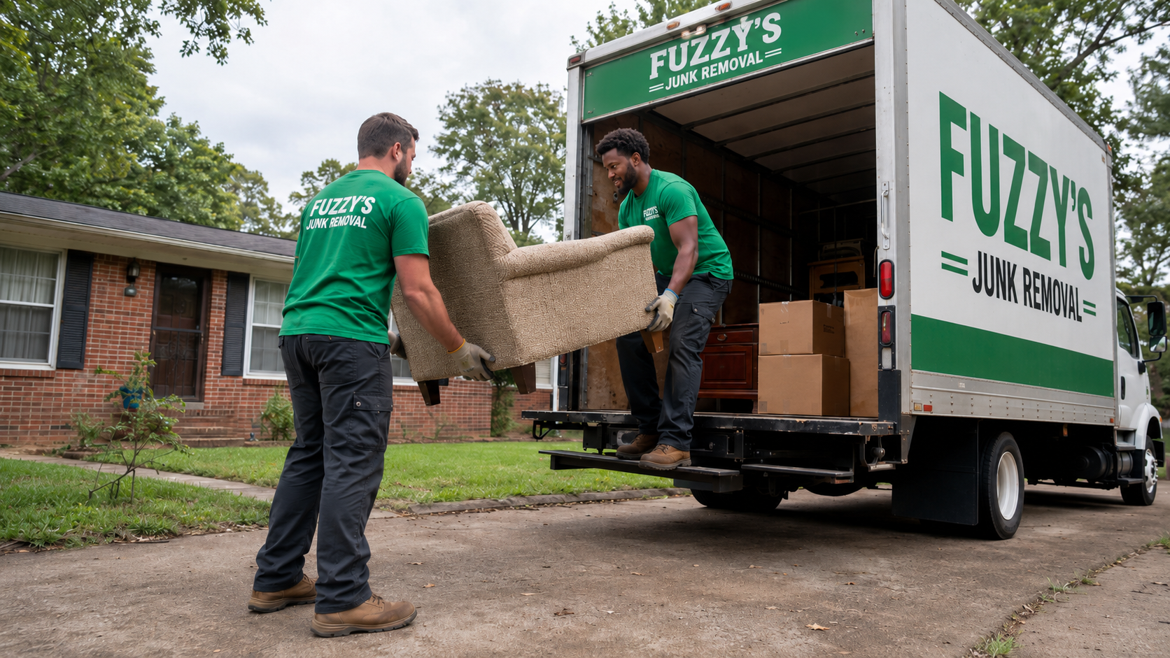 junk removal cost Memphis — Fuzzy's crew loading household junk into a truck after giving an upfront quote