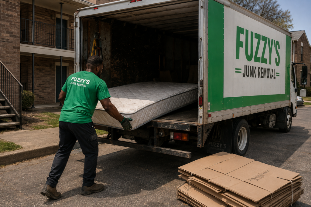 Fuzzy's crew member loading a mattress and boxes into a truck during an apartment cleanout in Memphis