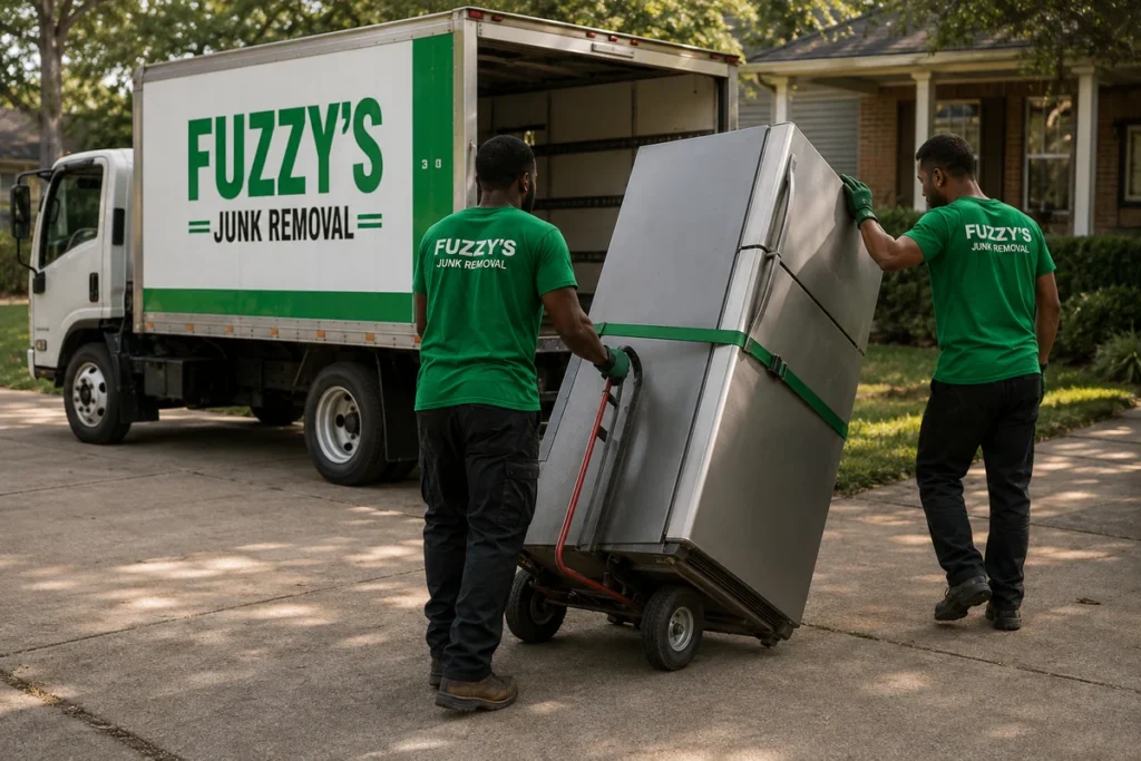 Fuzzy's crew safely moving a refrigerator on an appliance dolly during a Memphis junk removal job