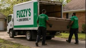 junk removal cost Memphis, Fuzzy's crew loading a sofa into a company truck