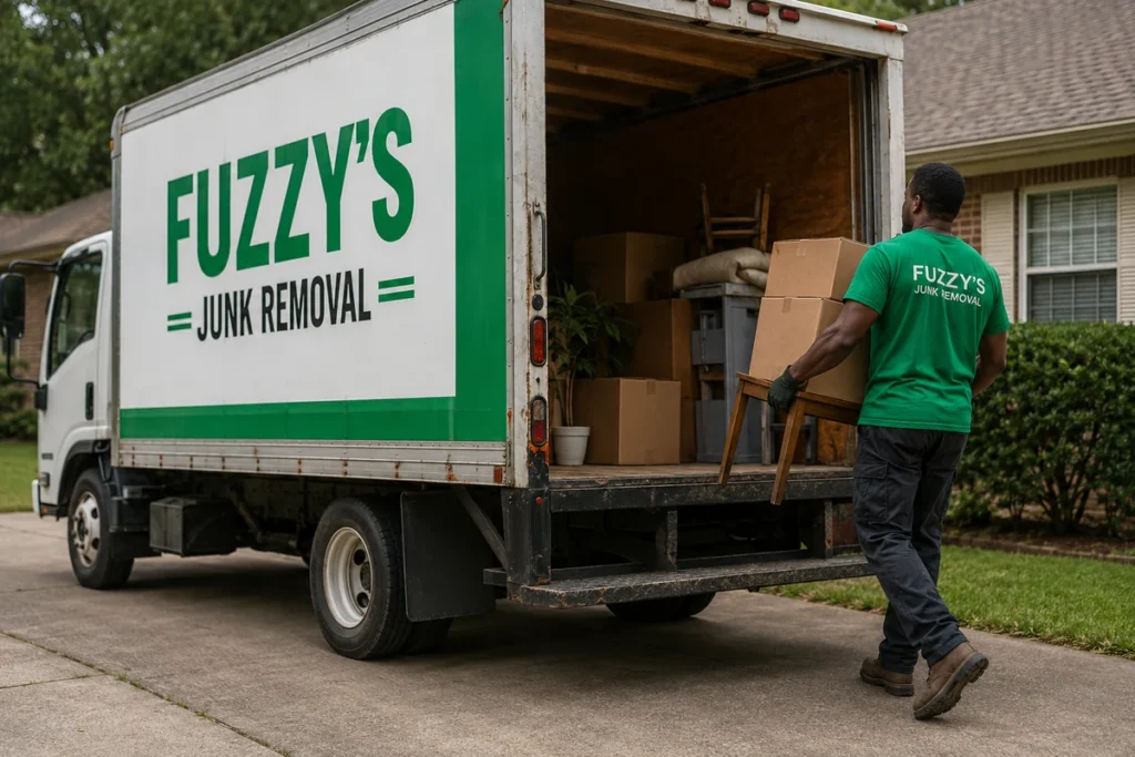 Fuzzy's crew loading a partial truckload during a Memphis junk removal job