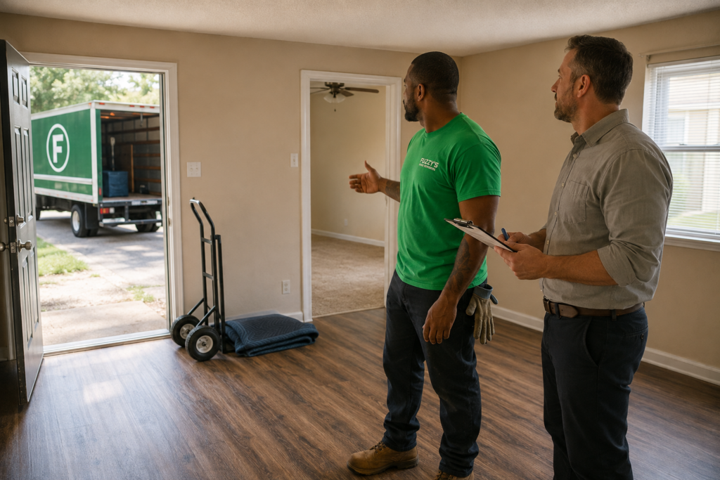 Fuzzy's crew removing furniture and belongings from a short-term rental unit in Memphis between bookings