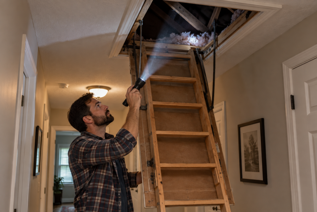 Homeowner using a flashlight to check attic access before starting a Memphis fall cleanout