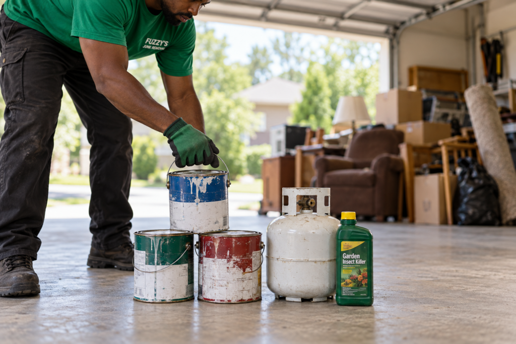 Paint cans and a propane tank set aside from a general junk pile during a Memphis cleanout
