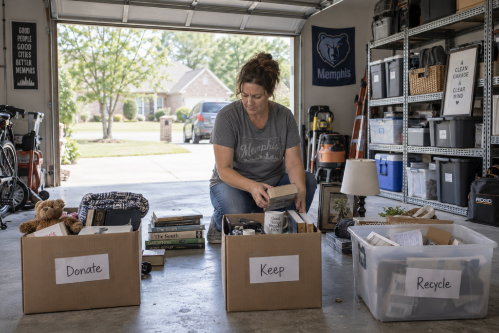 Memphis homeowner sorting garage items before a scheduled junk removal appointment