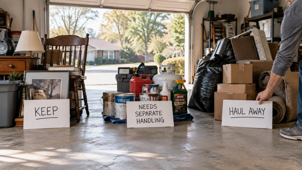 Sorted keep, separate-handling, and haul-away piles during a Memphis garage cleanout