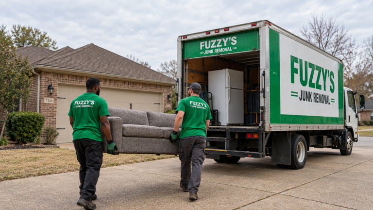 Fuzzy's Junk Removal crew loading a sofa and appliance into their truck during a Memphis pickup