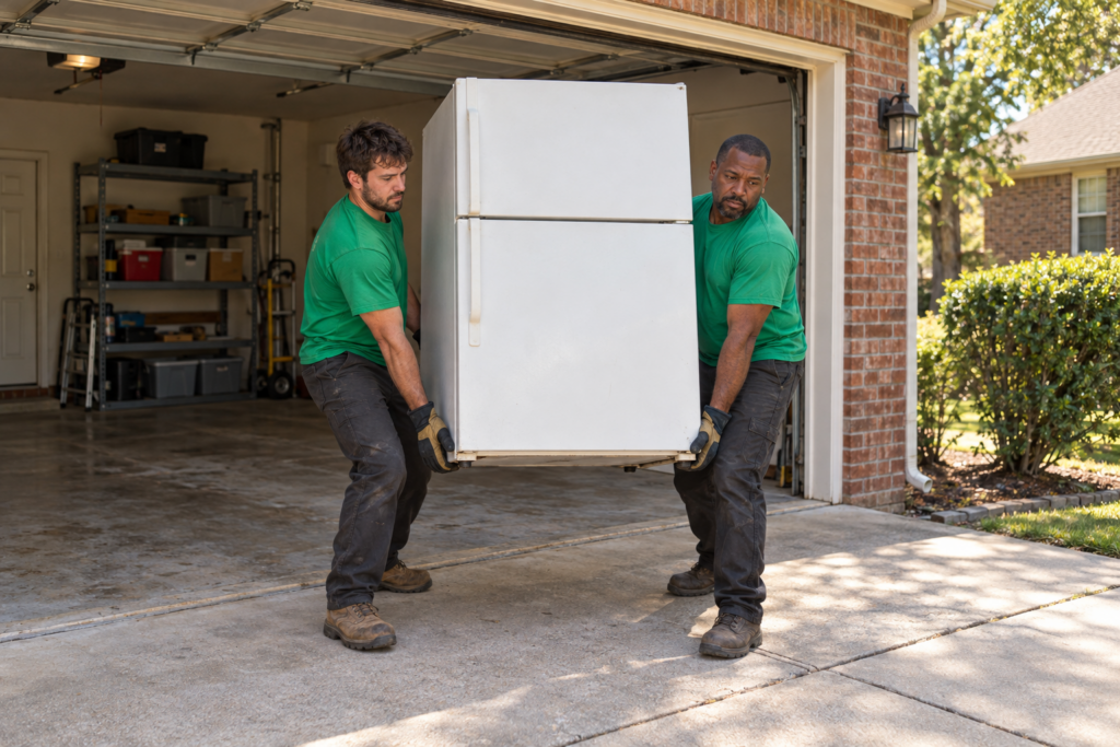Two Fuzzy's crew members carrying a refrigerator out of a garage during appliance removal in Memphis