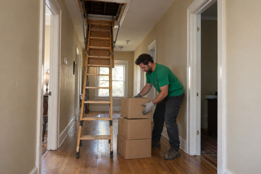 Fuzzy's crew member lowering a box at the foot of a pull-down attic ladder during an attic cleanout in Memphis