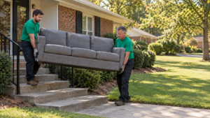 Fuzzy's crew carrying a couch down exterior stairs during a junk removal pickup in Memphis